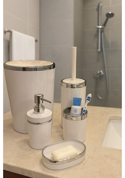 Makri Home Banyo Seti 5'li, Yuvarlak, Akrilik-çöp Kovası, Wc Fırçalık, Sıvı Sabunluk, Diş Fırçalık, El Sabunluk Beyaz
