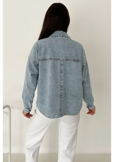 Kadın Cepli Düğmeli Denim Ceket Light Frame mavi