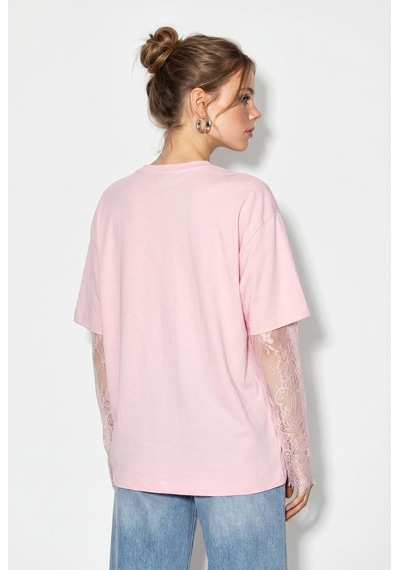 Shade Kadın Bisiklet Yaka Dantel Kollu Oversize Pamuklu T-shirt 1049 60286075 - Pembe