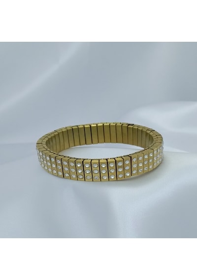 Yeni Sezon Vip Özel Seri Paslanmaz Çelik Esnek 3 Sıra Taşlı Altın Kaplama Kadın Bileklik Gold