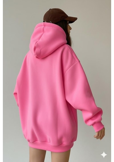 Afri Kadın Oversize Pembe Sweatshirt 3 İplik Şardonlu Kapüşonlu Cepli Rahat Kalıp Pembe