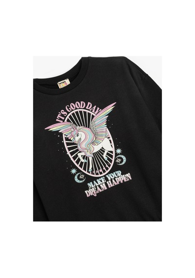 Koton Kız Çocuk Sweatshirt Unicorn Baskılı Uzun Kollu Bisiklet Yaka Şardonlu Siyah