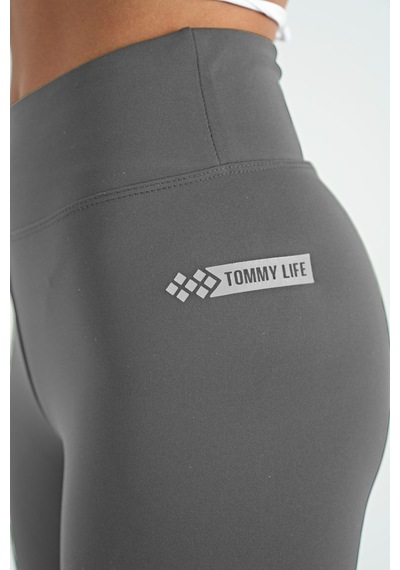Tommylife Koyu Gri Logo Baskı Detaylı Yüksek Bel Dalgıç Kumaş Slim Fit Kadın Tayt - 94627 Koyu Gri