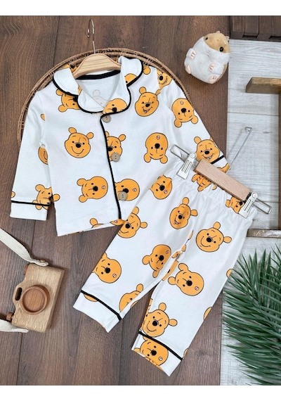 %100 Pamuk Yumuşak Doku Ayıcık Baskılı Mevsimlik Bebek Ve Çocuk Pijama Takımı 4bb2 Beyaz