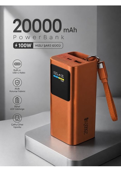 20000mah 100w Hızlı Şarj Powerbank Akıllı Dijital Ekran Type-c Kablolu Usb Type-c Girişli Turuncu