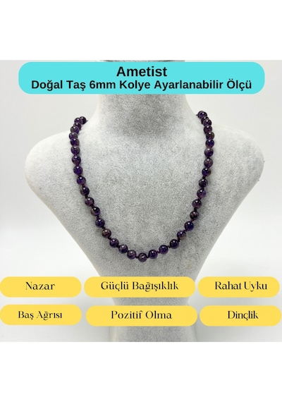Yıldız Doğal Taş Ametist Doğal Taş 6 MM Makrome Kolye 45 CM - 55 CM Ayarlanabilir Mor
