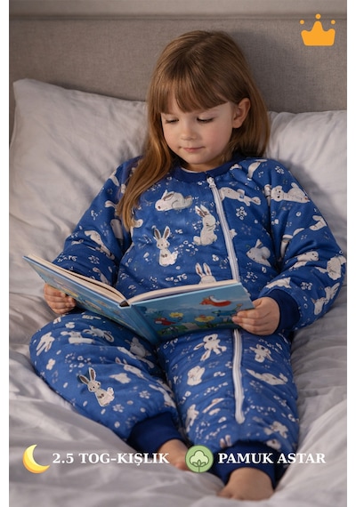 Babyhola 2.5 Tog Yorgan Gerektirmeyen Kalın Elyaf Dolgulu Çocuk Uyku Tulumu Pamuk Astarlı Unisex 6020 Lacivert