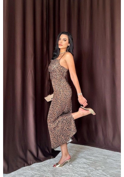 Valensdesign Leopar Sırt Detaylı Leopar Desenli Saten Elbise Leopar