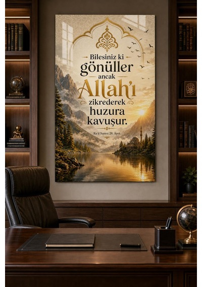 Allah Zikri Ayetli Baskılı Cam Tablo Manevi Uv Baskı Dini Duvar Dekoru