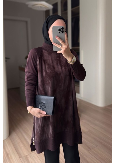 Kahijab Desenli İpek Cupra Merserize Tunik - Kahverengi
