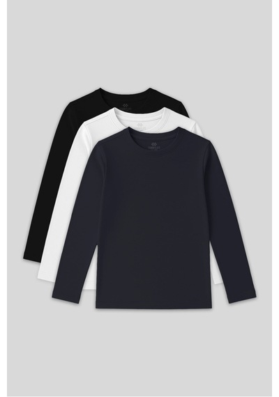 Standart Fit Basic O Yaka 3lü Paket Siyah-beyaz-lacivert Unisex Çocuk T-shirt - 11329 Lacivert - Beyaz
