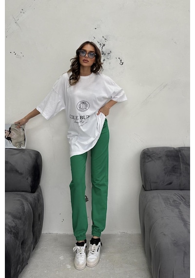 WeShaya Kadın Beyaz Yeşil Baskılı Lycra Oversize İkili Takım Beyaz