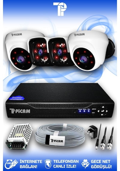 Picam 4 Kameralı Panda 2 İç Kamera Set HDD'siz Full HD Gece Görüşlü Güvenlik Kamerası Sistemi