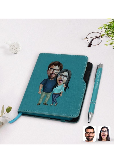 Kişiye Özel Sevgililer Karikatürlü Turkuaz Termo Deri Defter Kale N11.3576