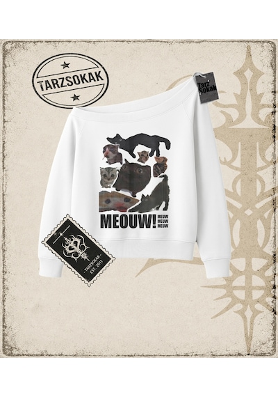Tarzsokak Gotik & Grunge Streetwear Meouw Meouw Meouw Kayık Yaka Sweatshirt Beyaz