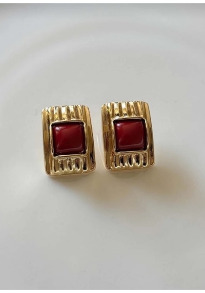 Lunarie Kare Vintage Küpe Kararmayan Gold Nervürlü Çerçeve Reçine Bordo