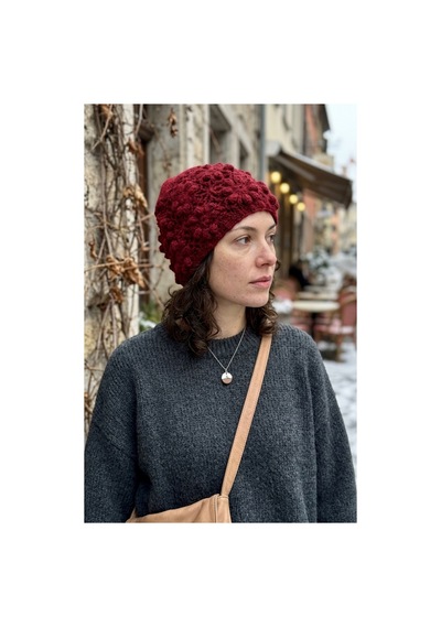 Emybox El Örgüsü Siyah Kadın Bere Tığ İşi Çiçek Motifli Bohem Kışlık Şapka - Vintage Stil Yumuşak Örgü Bere Modeli Bordo