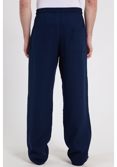 Tudors Erkek Baggy Fit Geniş Kesim %100 Pamuk Beli Lastikli Yandan Cepli Müslin Lacivert Düz Pantolon-46261