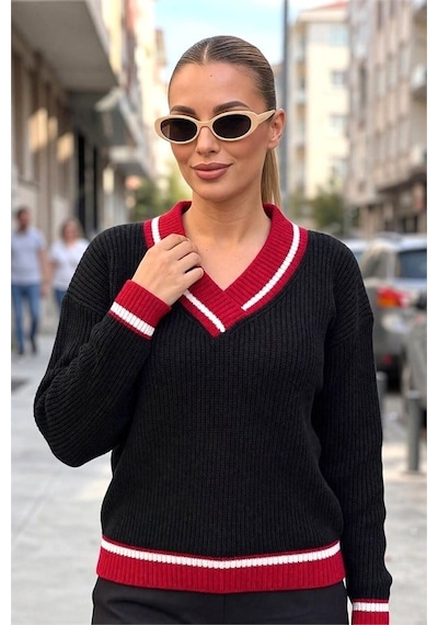Siyah Kırmızı V Yaka Triko Kazak Beyaz