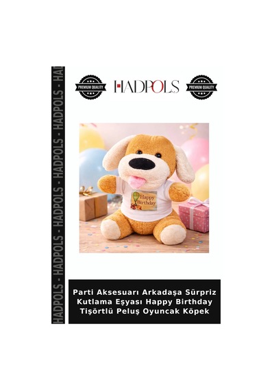 Parti Aksesuarı Arkadaşa Sürpriz Kutlama Eşyası Happy Birthday Tişörtlü Peluş Oyuncak Köpek Hardal Rengi