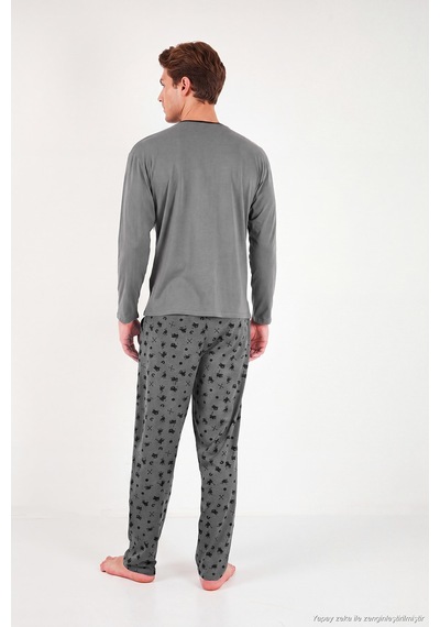 Buratti Desenli Pamuklu Düğmeli Bisiklet Yaka Pijama Takımı Erkek Pijama Takımı 6575002 Füme