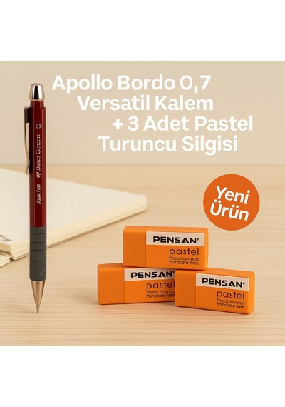 Apollo Beyaz 0.7 Versatil Kalem + 3 Adet Beyaz Silgi Bordo