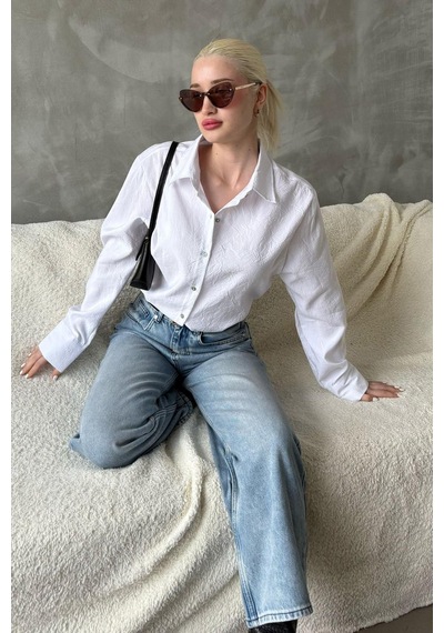 Madmext Beyaz Kırışık Desen Kadın Gömlek Mg2313 Beyaz