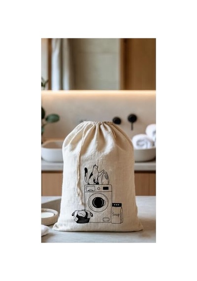 Sade Tasarım Wash Desenli Ham Bez Kumaş Çok Amaçlı Kirli Çamaşır Torbası 40x50 1 Adet Model 4