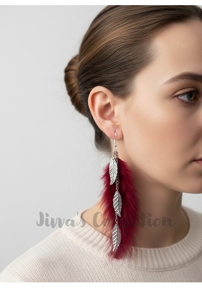 Bohem Bordo Tüy & Yaprak Figürlü Uzun Sallantılı Küpe. Modern Boho Vintage Stil