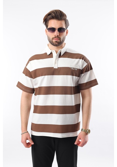 Madmext Kahverengi Oversize Renk Bloklu Polo Yaka Tişört E7120 Kahverengi