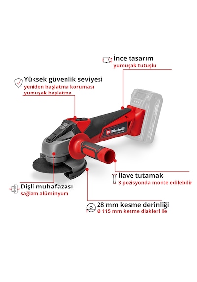 Einhell TC-AG 18/115 Li, Akülü Avuç Taşlama Seti (4,0 Ah Akü ve Şarj Cihazı, Kesici Disk Dahildir)