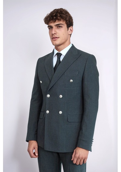 Gümüş Renk Metal Düğmeli Slim Fit Kruvaze Koyu Gri Erkek Takım Elbise Wessi Füme