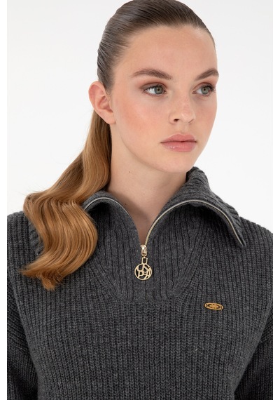 U.S. Polo Assn. Kadın Antrasit Melanj V Yaka Fermuarlı Kazak 50297086-VR081
