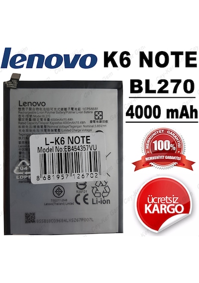 Lenovo K53A48 K6 Note Batarya Pil Bl270