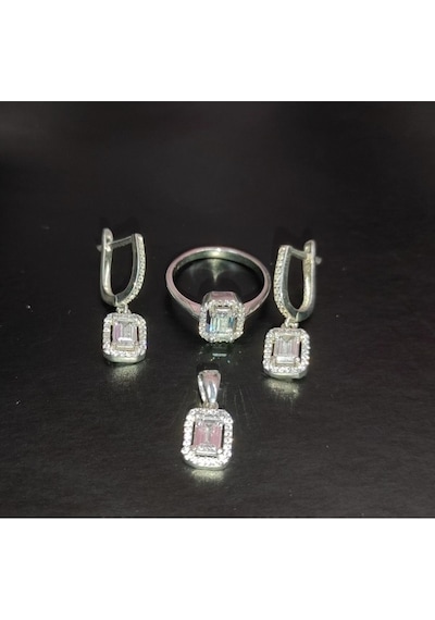 Oriental Kuyumculuk Jewellery Baget Taşlı Dikdörtgen Gümüş Set Takım Gümüş