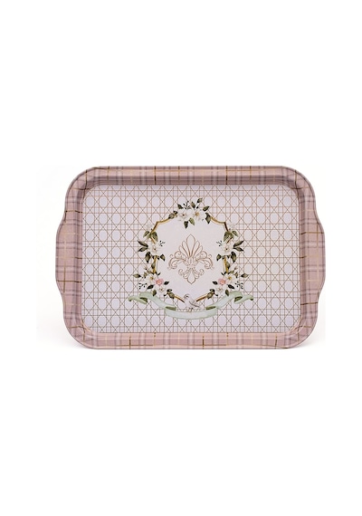 Rosy Desenli Kulplu Metal Tepsi, 21 X 31 Cm
