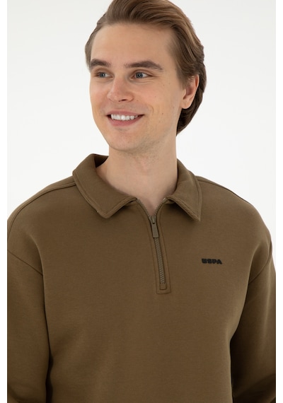 U.S. Polo Assn. Erkek Comfort Fit Yarım Fermuarlı Haki Basic Sweatshirt 50298265-VR027