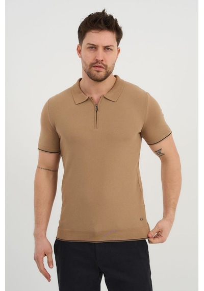 Alexander Gardi Alexandergardı Erkek Polo Yaka Fermuarlı Triko T-shirt Ag-50025 Bej