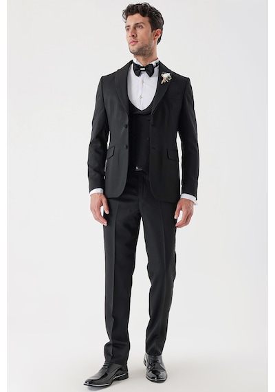 İmza Siyah Desenli Armürlü Çıkarılabilir Şal Yaka Kruvaze 6 Drop Slim Fit Smokin Damatlık Takım 1001230214-Siyah