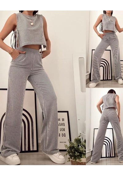 Hgfashion Siyah Çizgili Yandan Bağlamalı Sıfır Kol Crop Pantolon Kadın Alt-üst Takımı Siyah Beyaz