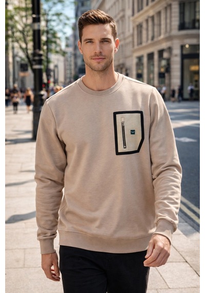 Remsa Erkek Fermuar Detay Bisiklet Yaka Pamuklu Sweatshirt 24722 Bej Bej