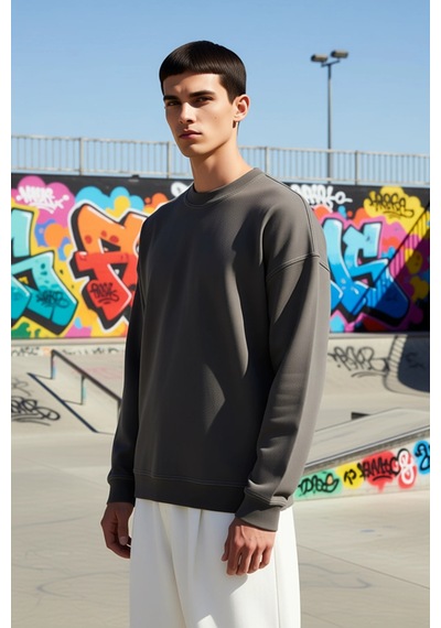 Benerly Erkek Bisiklet Yaka Düşük Kol Oversize Kalıp Sweatshirt Fonksiyon Antrasit