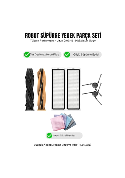 Dreame D20 Pro Plus Rld43sd İle Uyumlu 1 Ana Fırça 2 Yan Fırça 2 Filtre 1 Temizlik Bezi 11.0