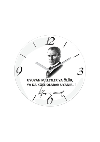 Atatürk Uyuyan Milletler Sessiz Bombeli Gerçek Cam Duvar Saati Beyaz - Siyah