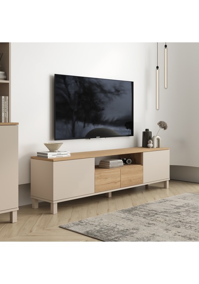 Robin Home Urban Tv Ünitesi Sehpası 2 Kapaklı 2 Çekmeceli Ahşap Ayaklı 180cm Kumsal-sepet Bej