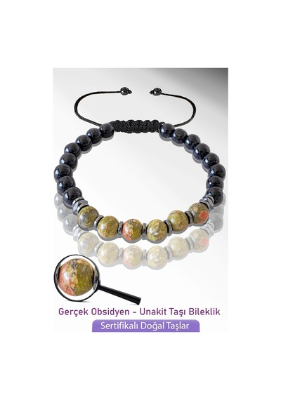 Sertifikalı Gerçek Doğal Obsidyen - Unakit Taşı Bileklik - Ayarl Çok Renkli