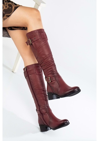 Analin Shoes Kadın Hakiki Deri Körüklü Ayarlanabilir Tokalı Çizme Bordo