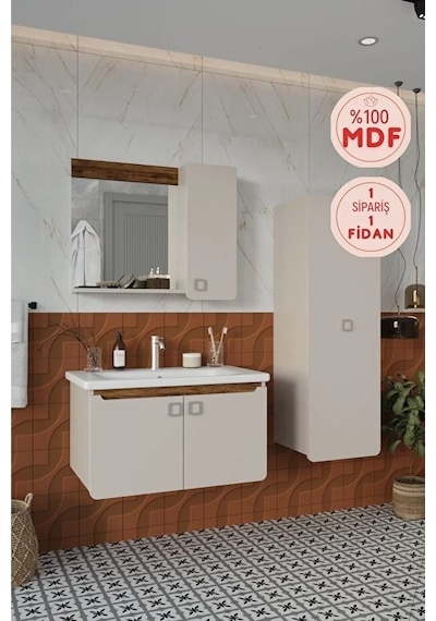 Selvi 80 Cm %100 Mdf Lavabolu Banyo Dolabı Aynalı Dolaplı Üst Dolap Lavabo Boy Dolabı Krem