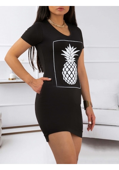 Sinemonline Kadın Ananas Baskılı Kısa Kol Viskon Elbise Siyah