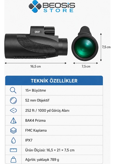 Gosky Mw2 15x52 Hd Monoküler Dürbün Bak4 Prizma, Fmc Optik, Ipx7 Suya Dayanıklı, Telefon Adaptörü